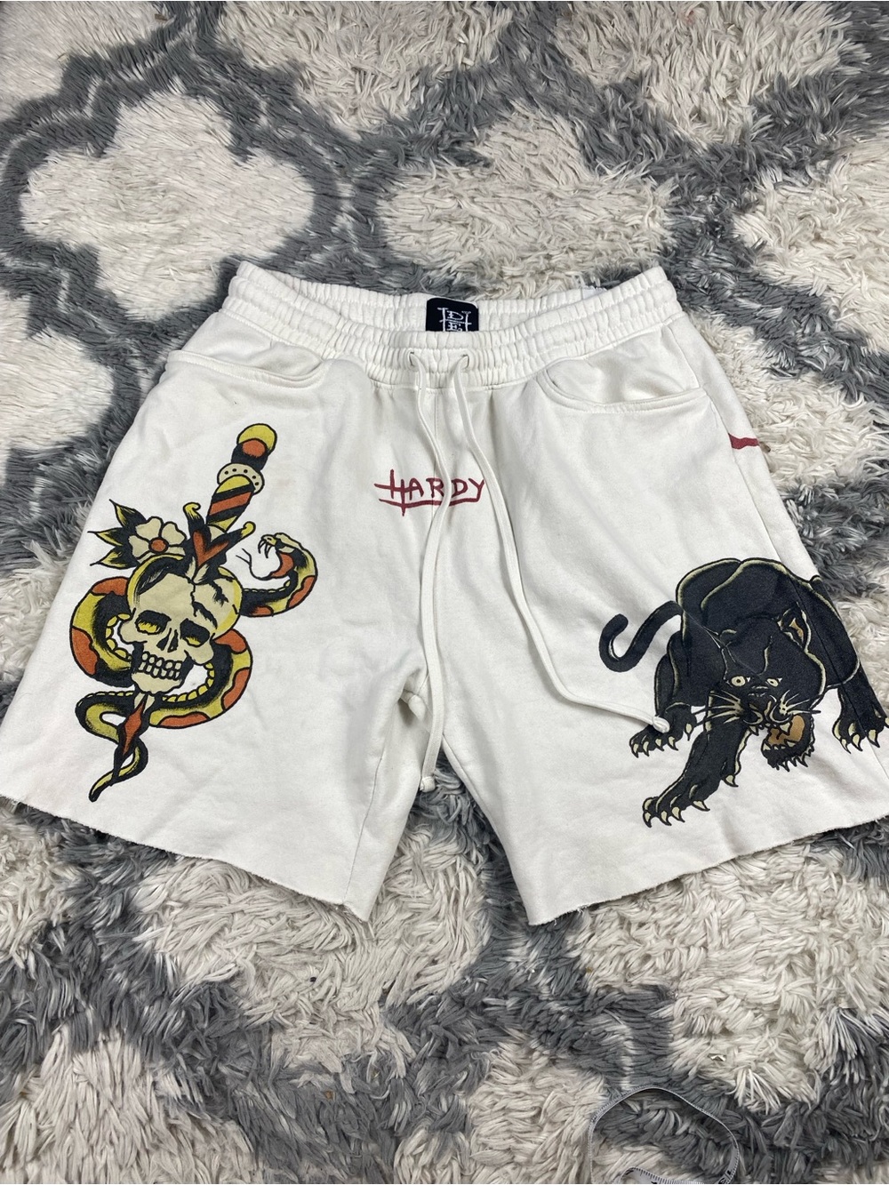Ed Hardy Men's L Fleece Tattoo Skull Snake Panther Ivory Sweat Shorts